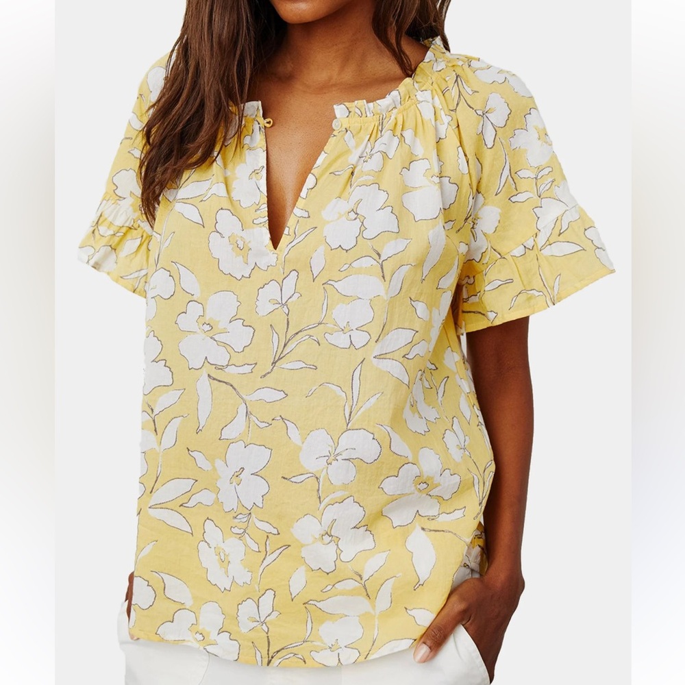 Anthropologie Yellow and White Floral Ruffle Neck Blouse